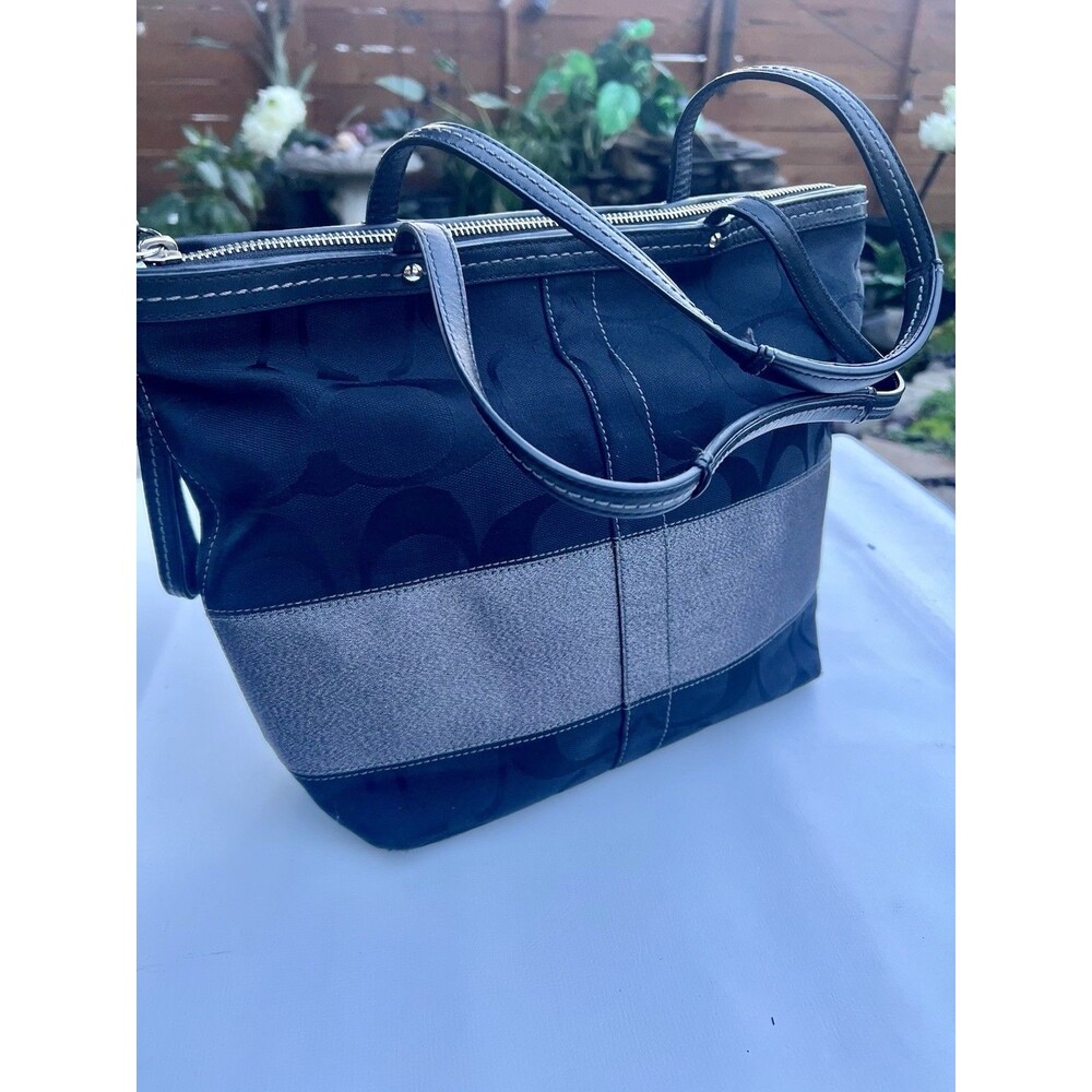 Black Coach Signature Tote with Silver / Gunmetal Metallic Stripe, Purse, Bag